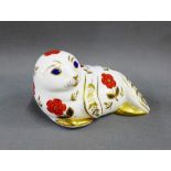 Royal Crown Derby Imari patterned seal paperweight with gold coloured stopper and printed