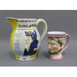 Staffordshire 'Admiral Nelson' moulded jug, together with an English Bacchanalian jug, tallest 16cm,