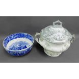 Staffordshire twin handled tureen and cover, together with a Wedgwood Ferrara patterned blue and