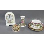 Royal Doulton 'Camillia' patterned porcelain mantle clock and a Spode Christmas Rose trio and