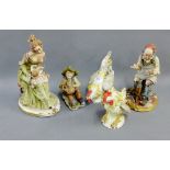 Three Capodimonte style bisque figures together with two continental porcelain cockerel figures, (5)