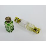 Victorian double ended scent bottle 11cm long together with a green glass scent bottle with white