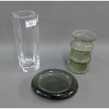 Orrefors art glass vase, a Holmegaard bowl and a Timo Sarpeneva smoked glass vase, tallest 23cm, (3)