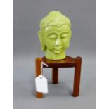 Green faux hardstone Buddha head on a tripod wooden stand, head 12cm high