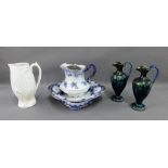 Collection of Victorian pottery to include a Doulton blue and white jug with pewter lid, a corn