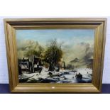 Continental School 'Winters Scene with Frozen Lake, Windmill and Figures' Oil-on-Canvas,