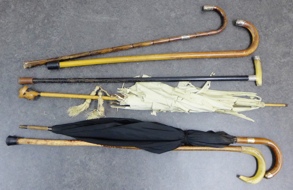 A collection of silver mounted walking canes and sticks, a parasol and an umbrella (6) longest 94cm,