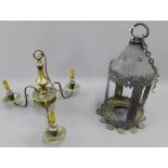 Brass three-branch light fitting and a black painted metal lantern style fitting, (2)