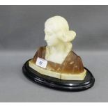 Madonna head and shoulders alabaster bust inscribed 'Mna DEL Murillo' on a plinth base, 16 x 15cm