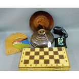 Mixed lot to include a copper hot water flask, oak wall plaques, a wooden Hippopotamus, a Chess