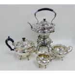 Edwardian silver three piece tea and coffee set comprising teapot, cream jug and sugar bowl together