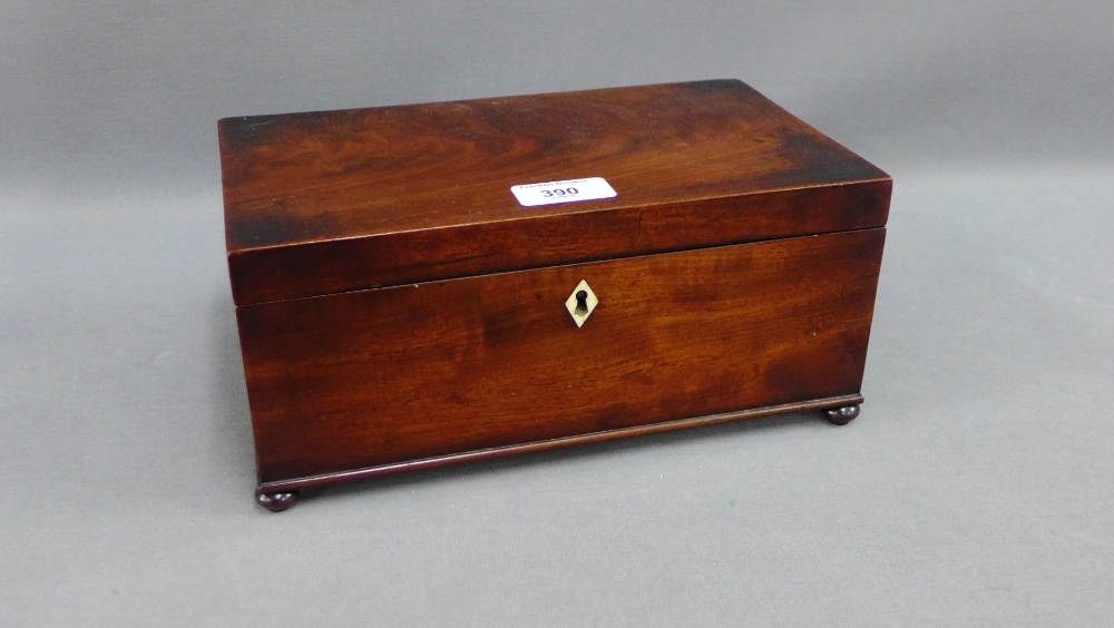 19th century mahogany jewellery box with a rectangular hinged lid and bun feet, 26cm long