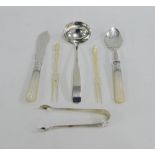 Mixed lot to include Birmingham silver sugar tongs, silver sauce ladle, mother of pearl and Epns