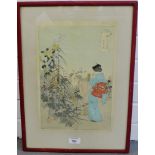 Ogata Gekko (1859-1920) Japanese woodblock print of two figures, with an Aitken & Dott label