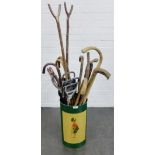 Stick stand with two shooting sticks and a collection of walking sticks, 128cm, (a lot)