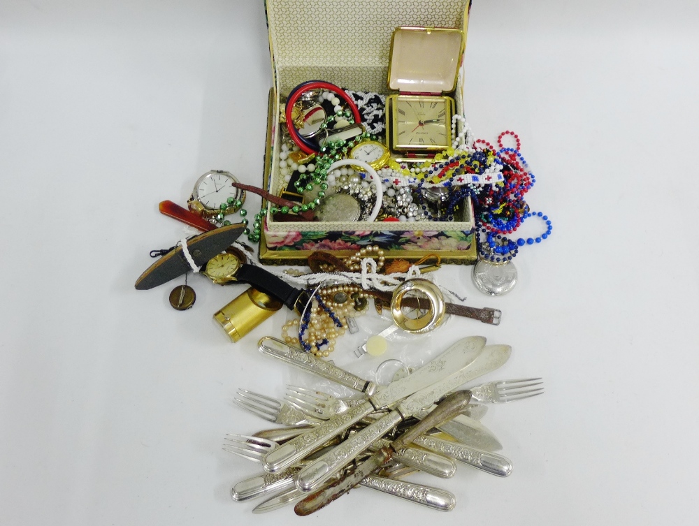 A mixed lot of costume jewellery to include beads, brooches, etc and miscellaneous Epns flatware (