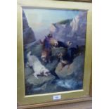 19th Century School 'Six Dogs on Rocks' Oil-on-Canvas, signed indistinctly, in a glazed and ornate
