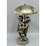 Bronze patinated resin water fountain of two children, modelled standing with their dog beneath an