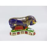 Royal Crown Derby Grecian Bull painted in the Imari palette, with gold stopper, printed backstamps