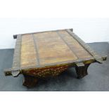 Indian style brass bound ox cart low table, 48 x 135cm