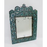 Early 20th century Tibetan turquoise framed mirror with pierced foliate design and rectangular