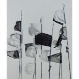 Black and white photographic print of 'Flags', signed indistinctly and dated 1988, in a glazed