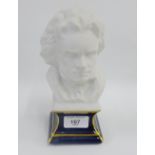 Beethoven bisque bust on a blue glazed pedestal, 20cm high