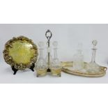 Epns triple decanter stand, two Epns trays and various decanters with stoppers (a lot)