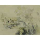 Attributed to Thomas Tudor, hand coloured pencil sketch of a village dwelling, in a glazed and