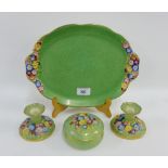 Plant Tuscan china dressing table set comprising oval tray, pair of candlesticks and a circular