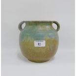 Upchurch Pottery, green glazed high shouldered vase with handles to the lugs, impressed