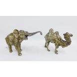 White metal elephant and camel figures, 17cm high (2)