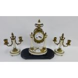 French white hardstone and brass mantle clock garniture comprising mantle clock, 35cm high, with