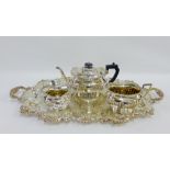 Epns wares to include a three piece teaset and foliate engraved tray (4)