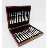 Cased set of twelve mother of pearl and Epns fruit knives and forks (12)