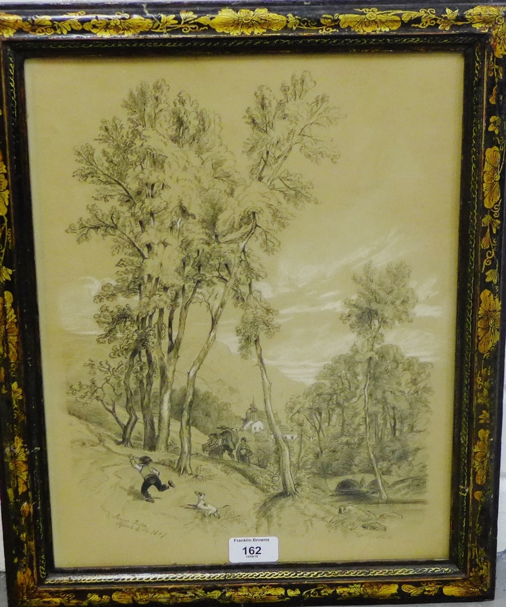 James Todd Pencil sketch of 'Figures and a Dog in a Wood with a Church in the background', in a