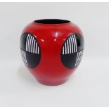 Raku glazed vase with black red and white geometric decoration by Charles Christ of South