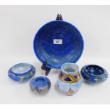 Collection of Clews & Co Chameleon ware pottery to include a vase, one large blue glazed bowl and