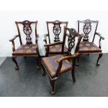 Set of four mahogany Chippendale style open armchairs, with pierced splat backs, upholstered seats