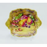 Royal Worcester fruit study dish of square form, signed by P. Stanley, painted with peach, pears,