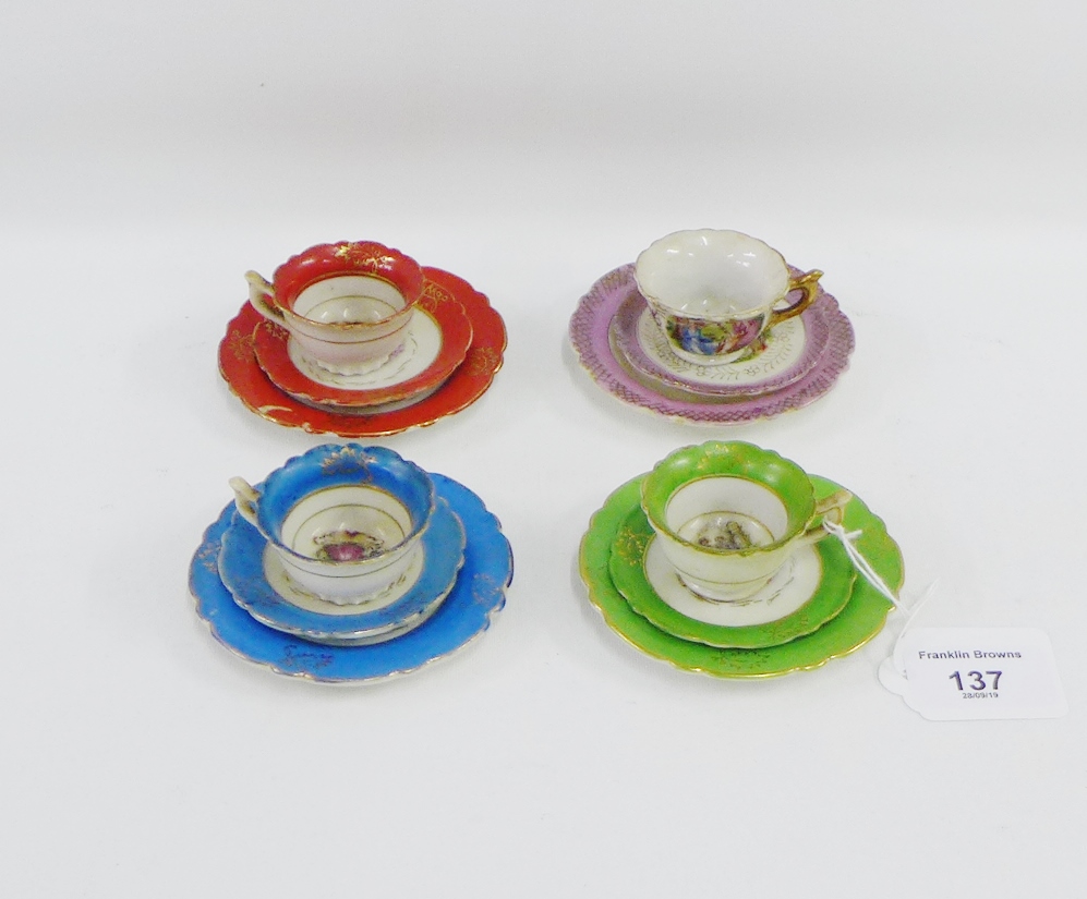 Set of miniature continental porcelain harlequin coloured trios to include cups, saucers and side