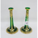 Pair of Art Nouveau green and gilded glass tapering vases, 23cm high, (2)