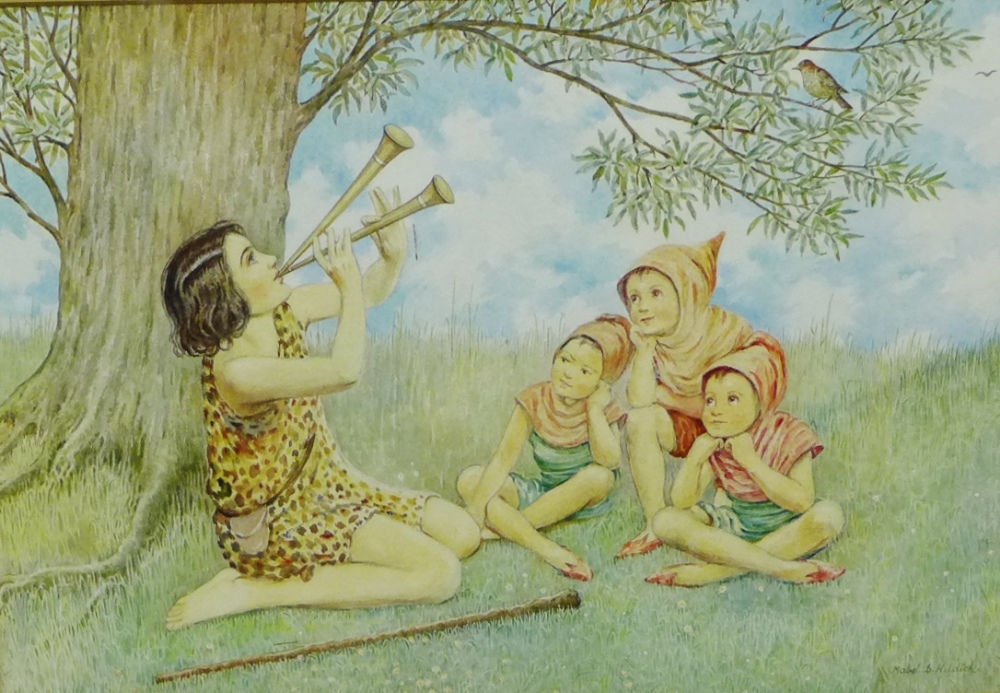 Mabel S. Hildick 'Girl playing Pipes beneath a Tree, with three Children dressed as Elves'