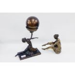 Faux bronze Art Nouveau style dancing figure on a plinth base, together with a modern bronze
