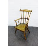 Elm Windsor style stick back chair with curved top rail, solid seat and turned legs, 98 x 42cm