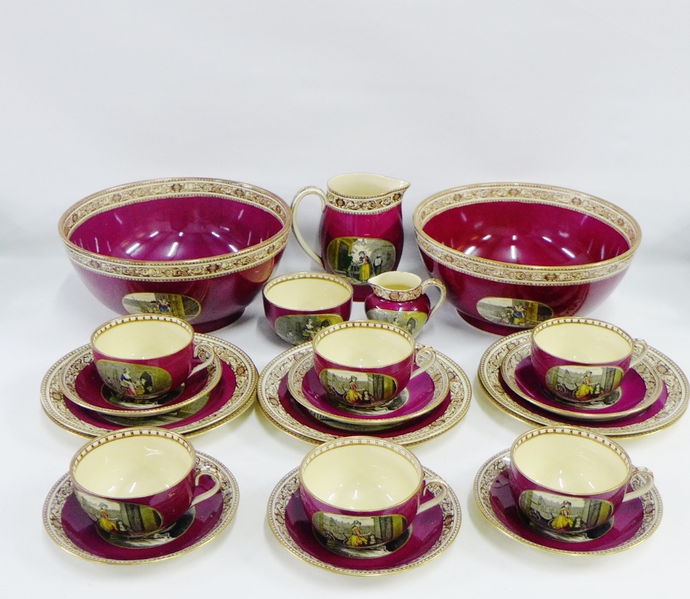 Large collection of Adams 'Cries of London' claret glazed pottery to include two punch bowls, a jug,