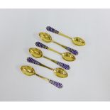 Set of six Russian silver gilt teaspoons, the terminals with blue and yellow enamel, stamped 916 (6)