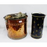 Copper log bucket and a black and gilt toile ware pail, (2)