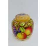 Royal Worcester fruit study ginger jar and cover by Peter Love, painted in the round with peaches,