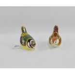 Two Royal Crown Derby Imari Bird paperweights, both with stoppers and printed backstamps, 10cm long,